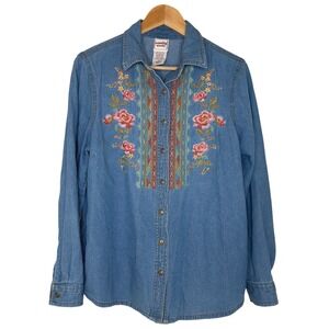Scandia Woods Floral Embroidered Long Sleeve Button Up Denim Shirt Size M